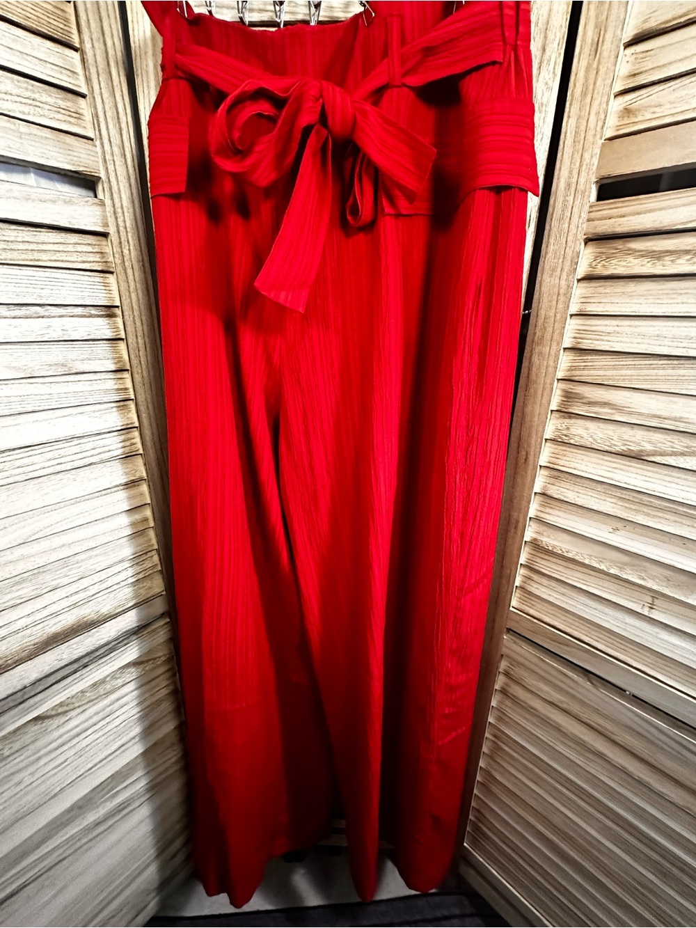High-Waist Red Wide-Leg Paperbag Pants with Self Tie